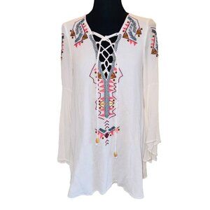 Lulus My Bell-Loved Ivory Embroidered Shift Tunic Top Peasant S Boho Cottage Cor